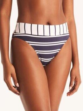 Nautica Women's Striped Swim Brief Stellar Blue Heather Small NWT